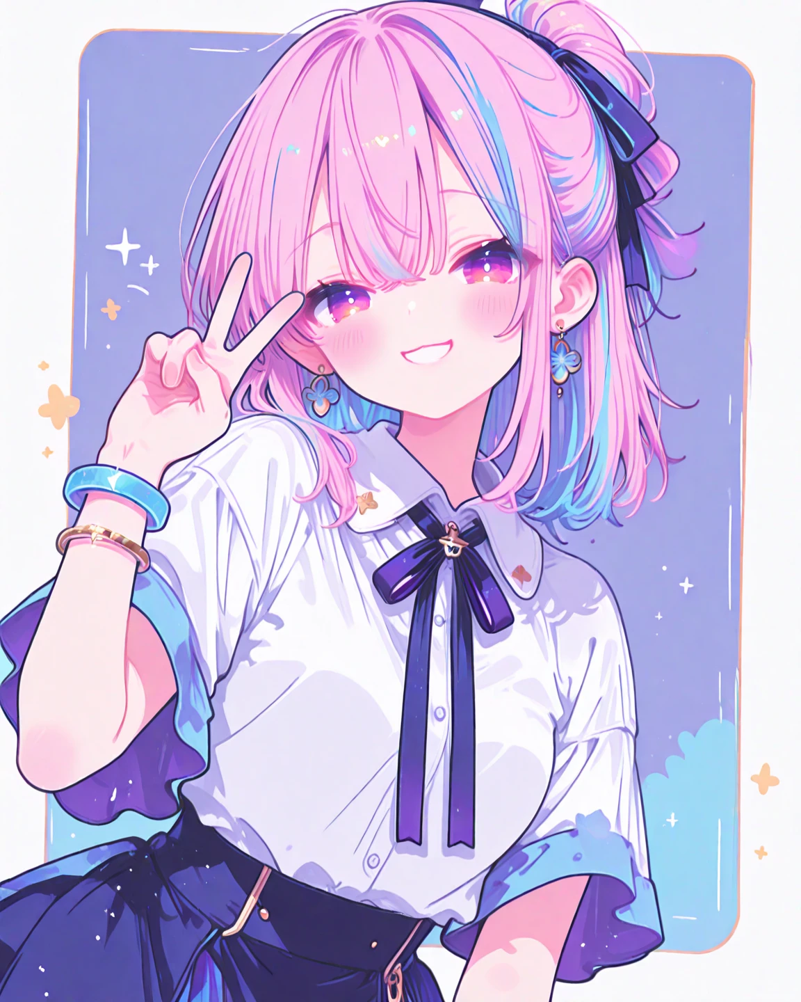 cute、(白髪half updo 、streaked hair、white shirt with collar navy blue check skirt、ribbon tie、earrings、bracelet)、cute smile、selfie、peace sign