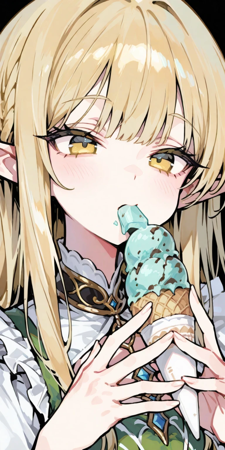 1girl, ymir, aqua eyes, brown hair, twintails, pointy ears, twintails, drill hair, black dress, detached collar, detached sleeves, puffy sleeves, suspenders, corset, Checkered Skirt, frills, thighhighs, garter straps, toeless legwear, sitting, bed, inn, candlelight, windwo, night sky, jumping, smile, open mouth, looking down <lora:EilinYmir_Queens_Blade_Rebellion_XL:0.8> eating, sushi roll, mazizushi, phood_makizushi, sushi roll, licking, close-up, sexually suggestive, <lora:food_PNY:1>, score_9, score_8_up, score_7_up, score_6_up, score_5_up, score_4_up, BREAK source_anime, masterpiece
