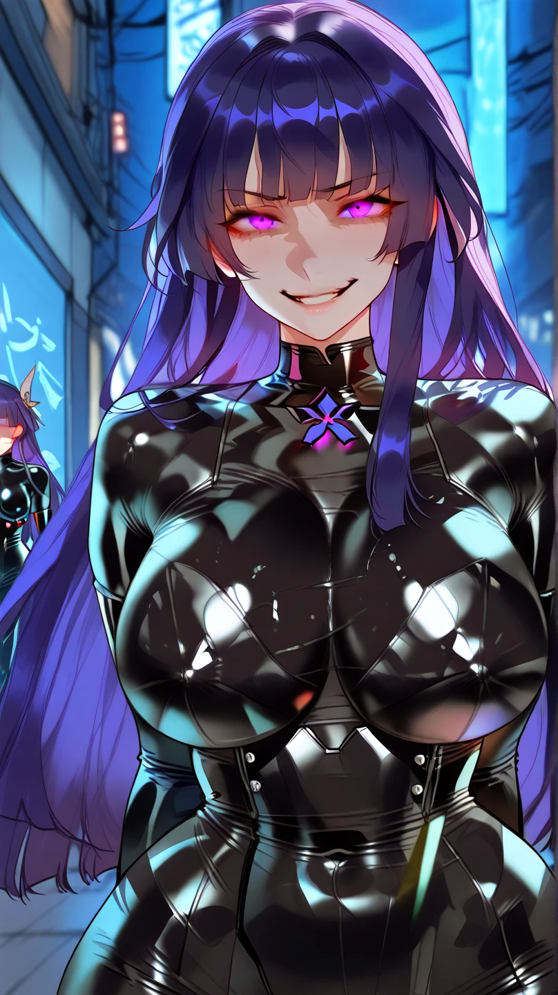 最high quality、Best image quality、masterpiece、Hatsune Miku Vocaloid、Big breasted android girl((18-year-old、red, Glowing black and blue cyber suit、brainwashing,Combatant, Hollow Eyes,((Purple glowing eyes 1.5)), Huge breasts , Expressionless, Emotions are removed,(Black latex tight bodysuit),avert your eyes , whole body 形, ((stand up, salute)),(最high quality、4K、8K、High resolution、Must have:1.2)、Very detailed、(reality、that's reality的、reality的:1.37)、Best Bust、Bust 90、Twin tails、Open your chest wide、valley、happiness、thin、Expressionless、))high quality、Beautiful art、background((Metro City、cyber punk、Nightclub、Cyber World))、Tabletop、Exquisite design、Visual Arts、
