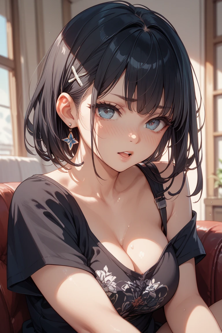 masterpiece, absurdres, best quality, ultra detailed, high Resolution, detailed illustration, bright colour, (extremely beautiful detailed face and eyes, Delicate beautiful face, 1 girl, cute face:1.3), (magenta eyes:1.1), sparkling eyes, big eyes, medium breasts, (perky breasts:1.1), (pointy breasts:1.1), medium hips, glamorous body, white skin, BREAK, long bob cut, (blonde hair:0.8), messy hair, detailed hair, shiny hair, BREAK (loose blouse, Cleavage:1.5), perfect lighting, (embarrassed:1.5), (ecstasy, vulgarity:1.5), (trembling:0.8), From above,