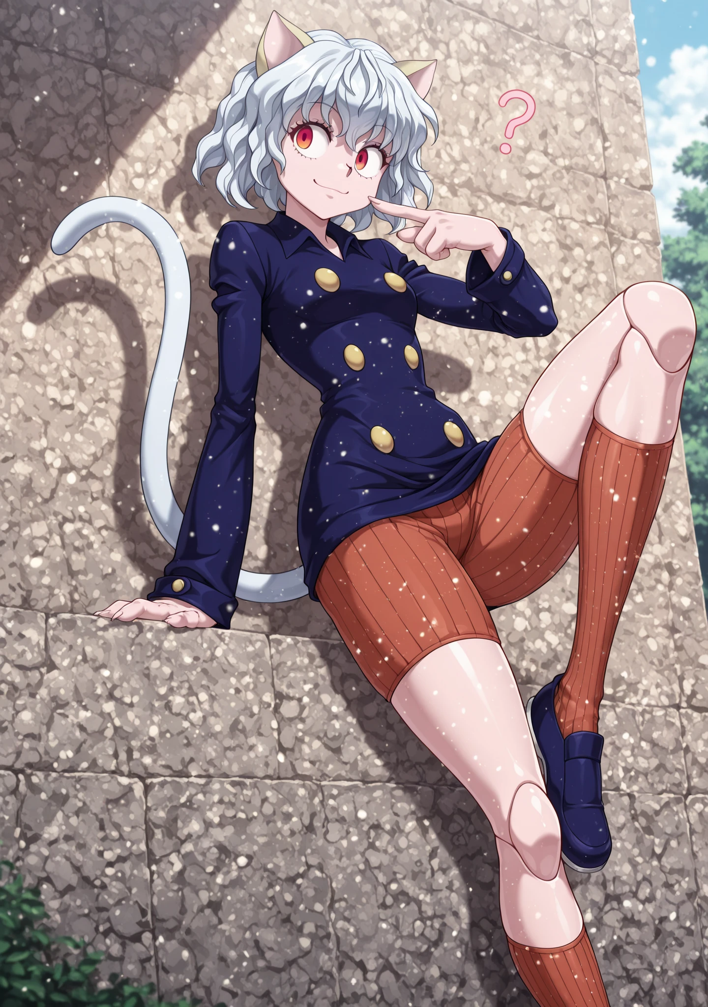 (masterpiece, best quality), 1girl, <lora:LoRA_Neferpitou:1> NeferpitouDef, orange eyes, white hair, short hair, wavy hair, bangs, curly hair, animal ears, hair between eyes, breasts, medium breasts, cat girl, cat tail, tail, cat ears, joints, doll joints, shirt, long sleeves, pantyhose, shorts, collared shirt, blue shirt, spoken question mark, brown shorts, orange shorts, shoes, socks, other focus, hunter x hunter, neferpitou, More doll joints*, (joints:1.4) or (doll joints:1.4)