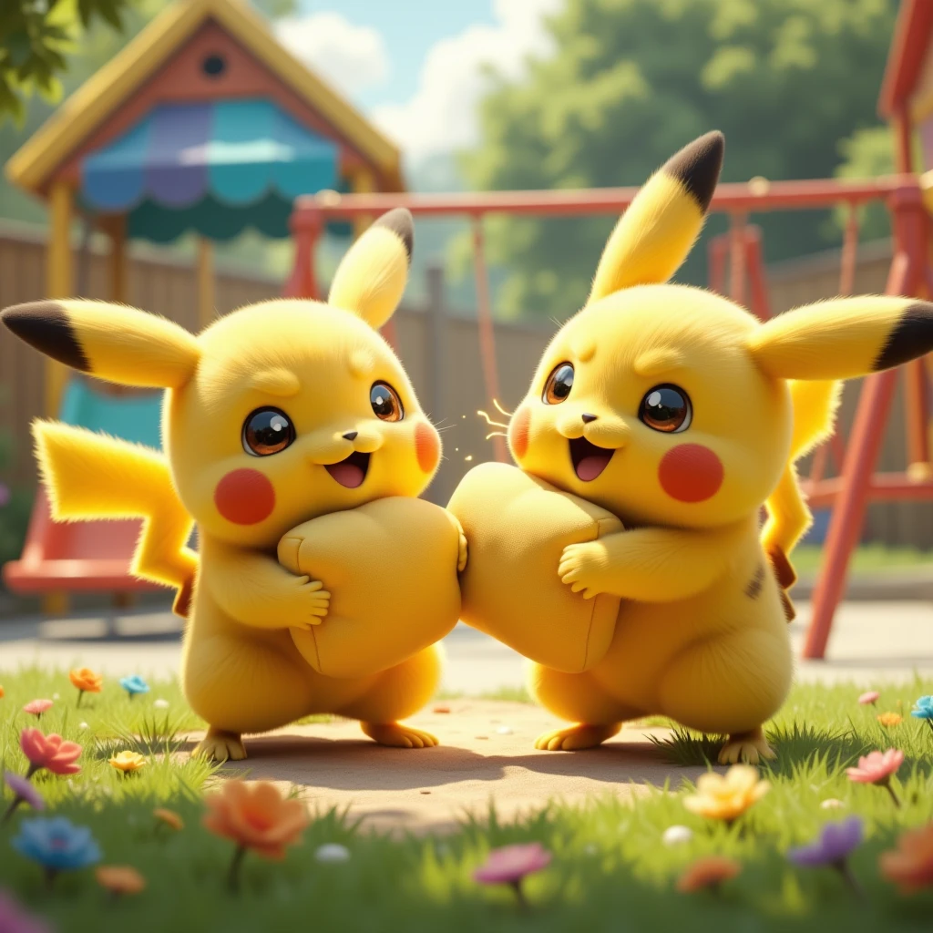 two cute little pikachu's engaging in a pokemon pillow fight, hitting eachother with the pillows, having fun, playgound setting