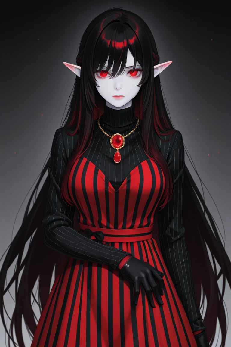 Create a full-body, anime-style front-facing image of a gray tieflyn woman with red eyes and shoulder-length black hair who is slightly older without pointy ears.