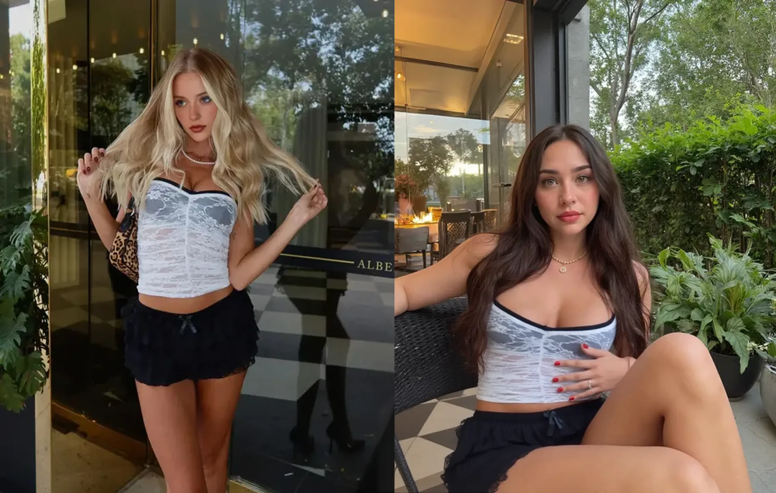 two women posing for a picture in a strip club, two girls, katey truhn, profile pic, kaitlyn michelle siragusa, she is wearing a black dress with plunging neckline, beautiful girls, blonde, scandy and arender, profile image, vannessa ives, adriana chechik, 📷 mungojerrie and rumpleteazer perfect anatomy stunning cleavage high definition provocative seductive eyes gropping each other topless