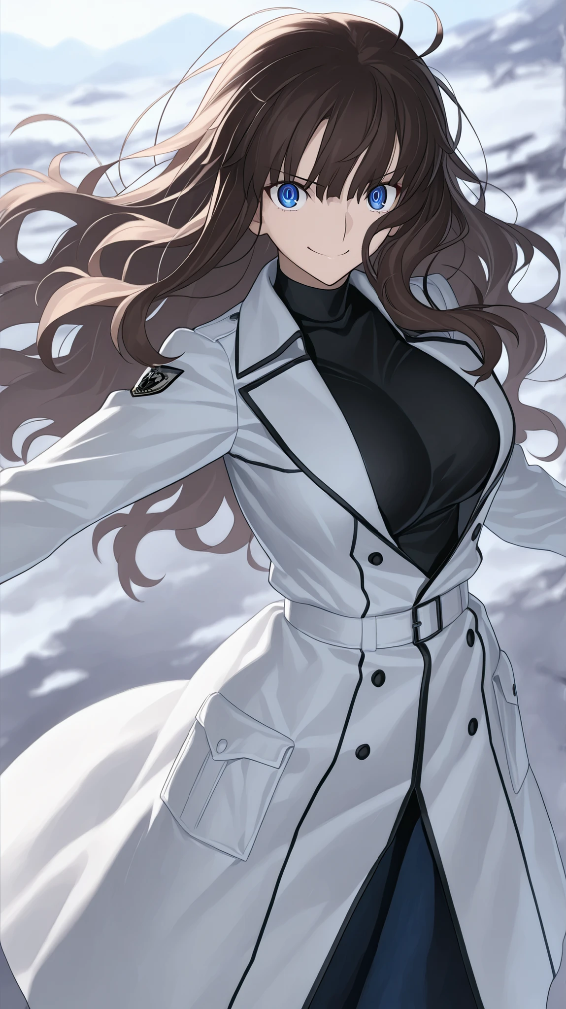absurdres, (((Ultra HD))), (((Ultra High Quality))), ((hyper detailed)), ((Ultra High Resolution)), (Highly rendered), ((detailed eyes)), (((8K))), ((perfect face)), ((masterpiece)), cinematic, solo, 1girl, thin, tall, smile, dark brown hair, blue eyes, wavy bangs, wavy hair, long hair, large breasts, military clothes, general, black shirt, over the shoulder coat, white coat, tak_tak