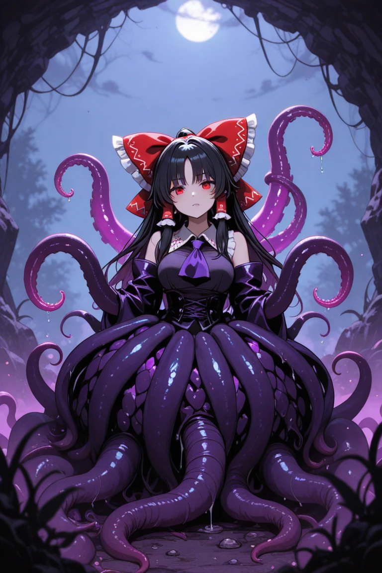 A Latin girl wearing a Lolita dress. Her face has a grotesque, twisted purple parasite that starts from her left eye and extends down her left cheek. The parasite has a slimy, tentacle-like texture. Her right eye is a vivid yellow. The left eye is entirely covered by the parasite, which has its own monstrous, bloodshot eye with a dilated pupil in the position of her left eye. The parasite's eye is large, with irregular veins and a pulsating, eerie glow.
