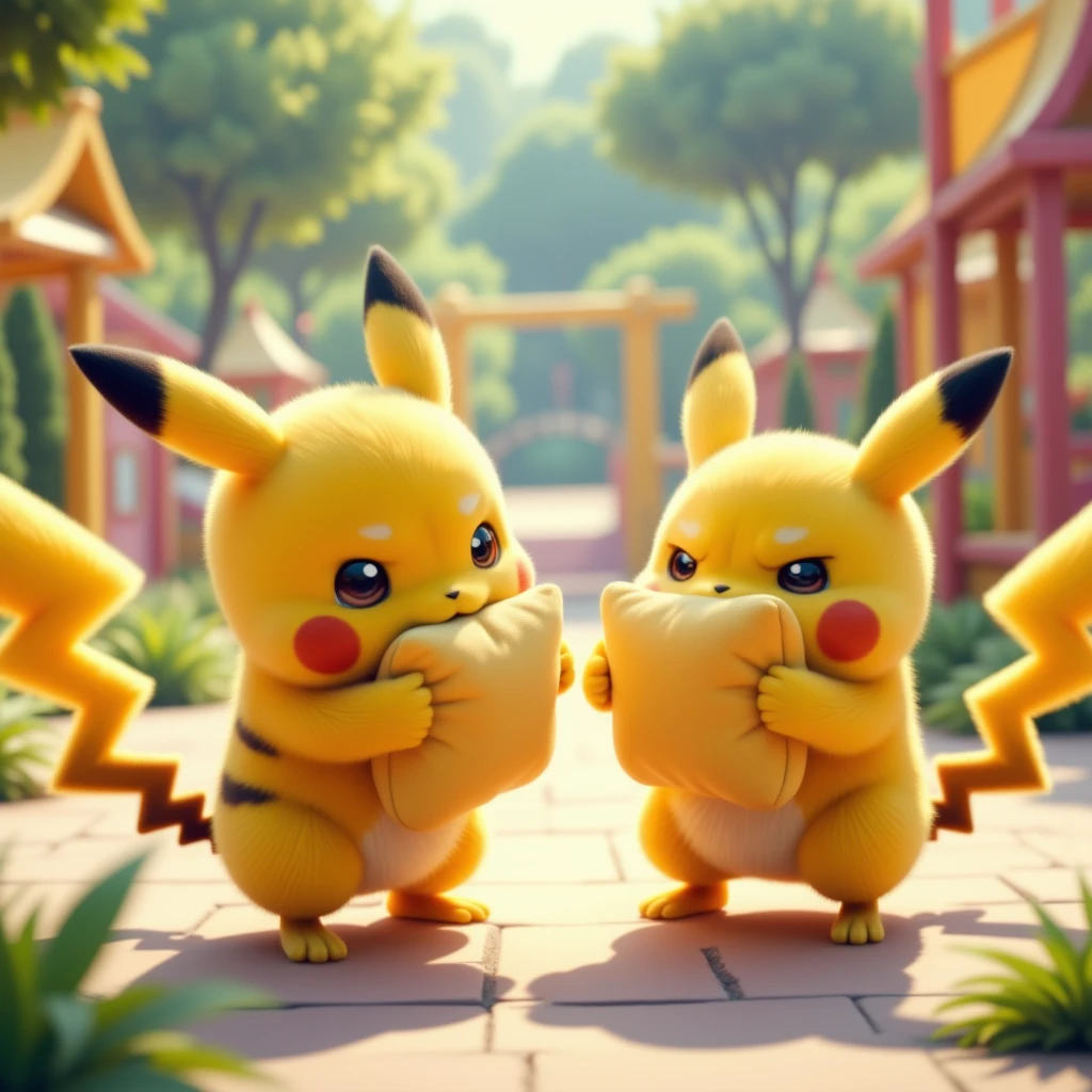 two cute little pikachu's engaging in a pokemon pillow fight, hitting eachother with the pillows, having fun, playgound setting