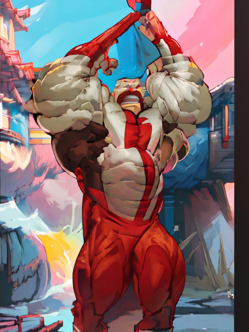 masterpiece, best quality, fantasy world, a giant muscular young man, (20 years old) on all fours, dog position, bdsm style suit, gay bondage, dressed in leather and harness, studs, rings, chains, and sex toys, head hidden by a mask baroque leather, high resolution animated 8K