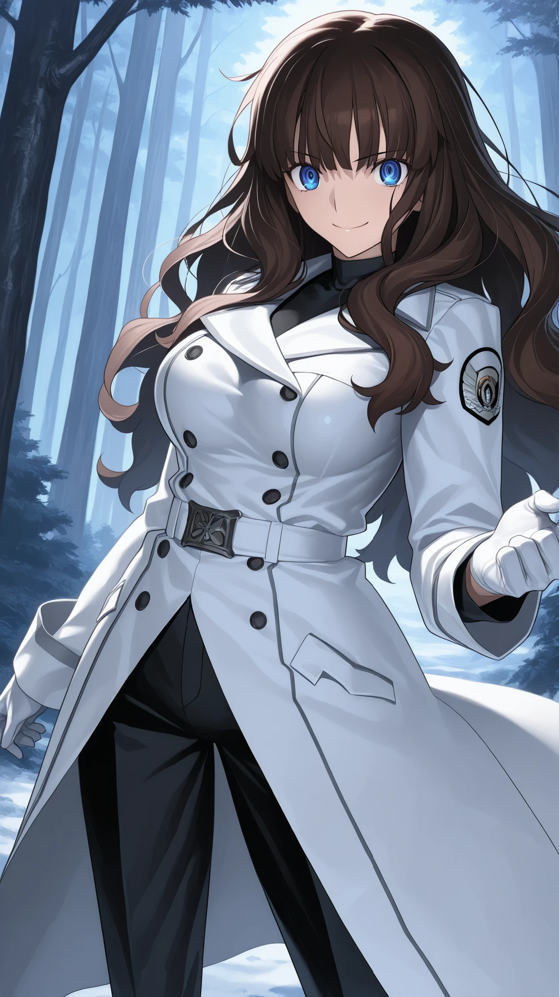 absurdres, (((Ultra HD))), (((Ultra High Quality))), ((hyper detailed)), ((Ultra High Resolution)), (Highly rendered), ((detailed eyes)), (((8K))), ((perfect face)), ((masterpiece)), cinematic, solo, 1girl, thin, tall, smile, dark brown hair, blue eyes, wavy bangs, wavy hair, long hair, large breasts, military clothes, general, black shirt, white gloves, over the shoulder coat, white coat, black pants, forest background, tak_tak