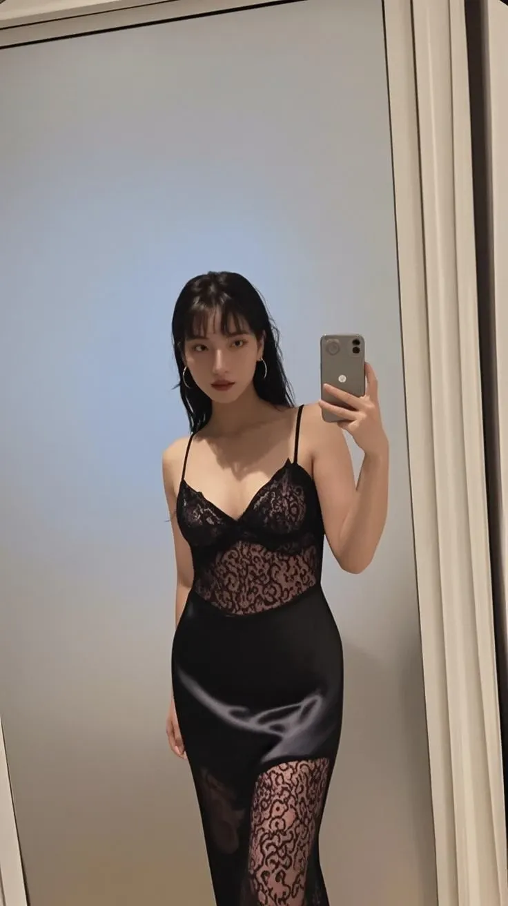 devastated Asian woman in a black swimsuit taking a selfie, Roupa aberta v peito, sexy :8, olhar sexy, Bodysuit fino, Bodysuit preto, gorgeous chinese model, estilo sexy, is wearing a swimsuit, Modelo do Instagram, black swimsuit, vestindo um Bodysuit preto, corpo sexy, usando lingerie sexy, Bodysuit, 2 7 anos