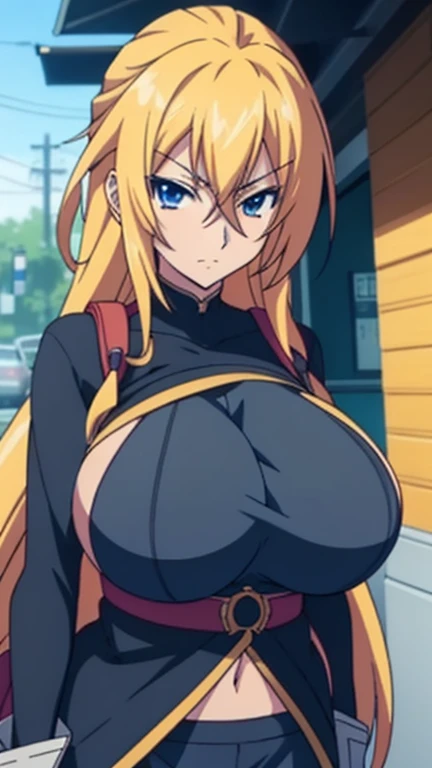 1girl, (solo:1.2), curvy, (masterpiece:1.2), (best quality:1.2), (perfect anatomy:1.4), (standing:1.4), (confident:1.2), smile, (gigantic breasts:1.4), (cowboy shot:1.2),, bowsette, horns, white horns, blonde hair, long hair, spiked choker, spiked collar, cleavage, black dress, bare shoulders, earrings, large breasts, long dress, (city center:1.3), (tokyo:1.2), highrise buildings, daylight, on the street, cars,, sinensian, (soft shading:1.2)
