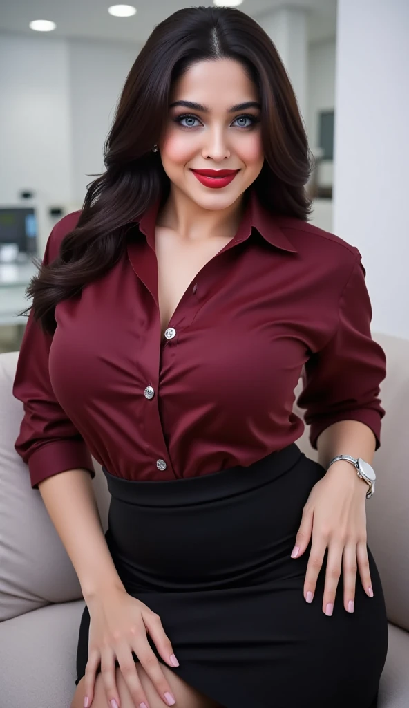 50yo mature milf Aishwarya rai as corporate lady, black denim shorts, tight red shirt, ((knee high boots)), mature curvaceous milf figure, massive cleavage, unbuttoned tight shirt, high ponytail, ((wearing cateye glasses)), posing in balcony, day scene, mature hourglass figure, massive breasts, look straight at camera, erotic adult face, 50 yo mature milf body, soft volumetric lights, intricate details, (ArtStation:1.2)