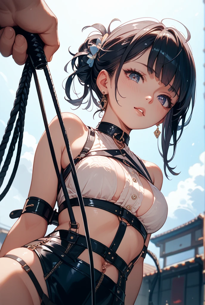 (Best quality, 8K, Masterpiece:1.3, 1 girl, solo, Beautiful girl), cute, Dynamism, Detailed face, Detailed skin, detailed clothes, Detailed eyes, Detailed lips, Detailed tongue, Detailed fingers, Detailed mouth, Photorealistic, Raw photo, highres, hight resolution, Natural lighting, perfect anatomy, toned legs, double eyelids, tear bags, round eyes, moist lips, sweaty, ecstatic face, ahegao, half closed eyes, Red lips, shackle, guillotine, Collar, handcuff, Anklets, ((bdsm)), slave, peeing, black chain, from back, all fours, (pointing her hip for viewer)