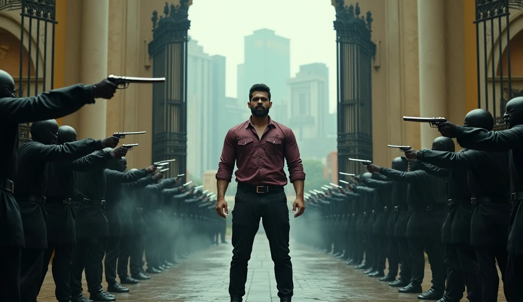 Main character:-ram charan with body with white shirt and black pant and black shoes in his shirt blood drops are visible and listings music with chill mood. And 

Background:-  in the glass place every were every where in was blood and dead body laying in the floor. Dead body are there

Villains:- huge body builders more than 50 peoples with dangerous weapon and move the weapons towards main character in angry mood attack the main character with a circular position  looking towards main character in angry mood to going to kill him 

