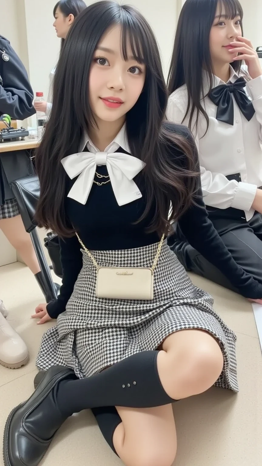 Low angle shot,arafed asian woman in a short skirt and bow tie sitting on a train, cute schoolgirl, japanese girl school uniform, wearing japanese school uniform, japanese school uniform, a hyperrealistic schoolgirl, dressed as schoolgirl, hyperrealistic schoolgirl, wearing school uniform, realistic schoolgirl, girl wearing uniform, wearing a school uniform, of a schoolgirl posing, full body, nice skin, glowing skin, nice thighs,glowing thigh, glowing legs