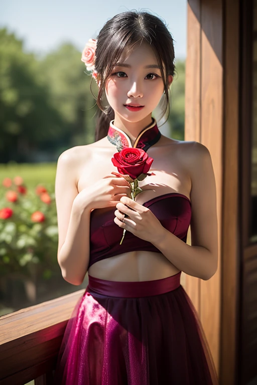Cabaret Lady、belly button、naked、fine quality、Super realistic、healthy、smile、perfect slender figure、Stick your butt out and look over your shoulder、beauty of japan、beautiful eyes、perfect face、beautiful skin、､Bouquet of roses､