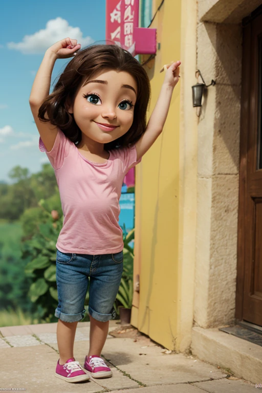 Bonnie, 1girl, solo, looking at viewer, smile, skirt, shirt, closed mouth, standing, full body, short sleeves, shoes, shorts, bag, hand on hip, white skirt, bike shorts, child, handbag, shoulder bag, pink footwear, female child, brown shirt, jaggy lines