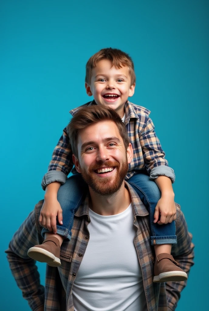Father with arms outstretched holding a 1 year old baby. Adult man, with completely shaved head, no hair on his head, wearing a medium black Viking style beard, light brown eyes, frowning, smiling at the corner of his mouth, wearing a dark blue and white plaid shirt, wearing dark blue jeans, holding a 1 year old baby girl, baby with medium blond hair, with a pompadour, dark blue eyes, big smile, fair skin, wearing a long sleeve plaid shirt in red, white and blue colors, and he is wearing dark blue jeans and white converse sneakers. Character should be colorful and have a fun, friendly look, with exaggerated, expressive features. Pixar style.
