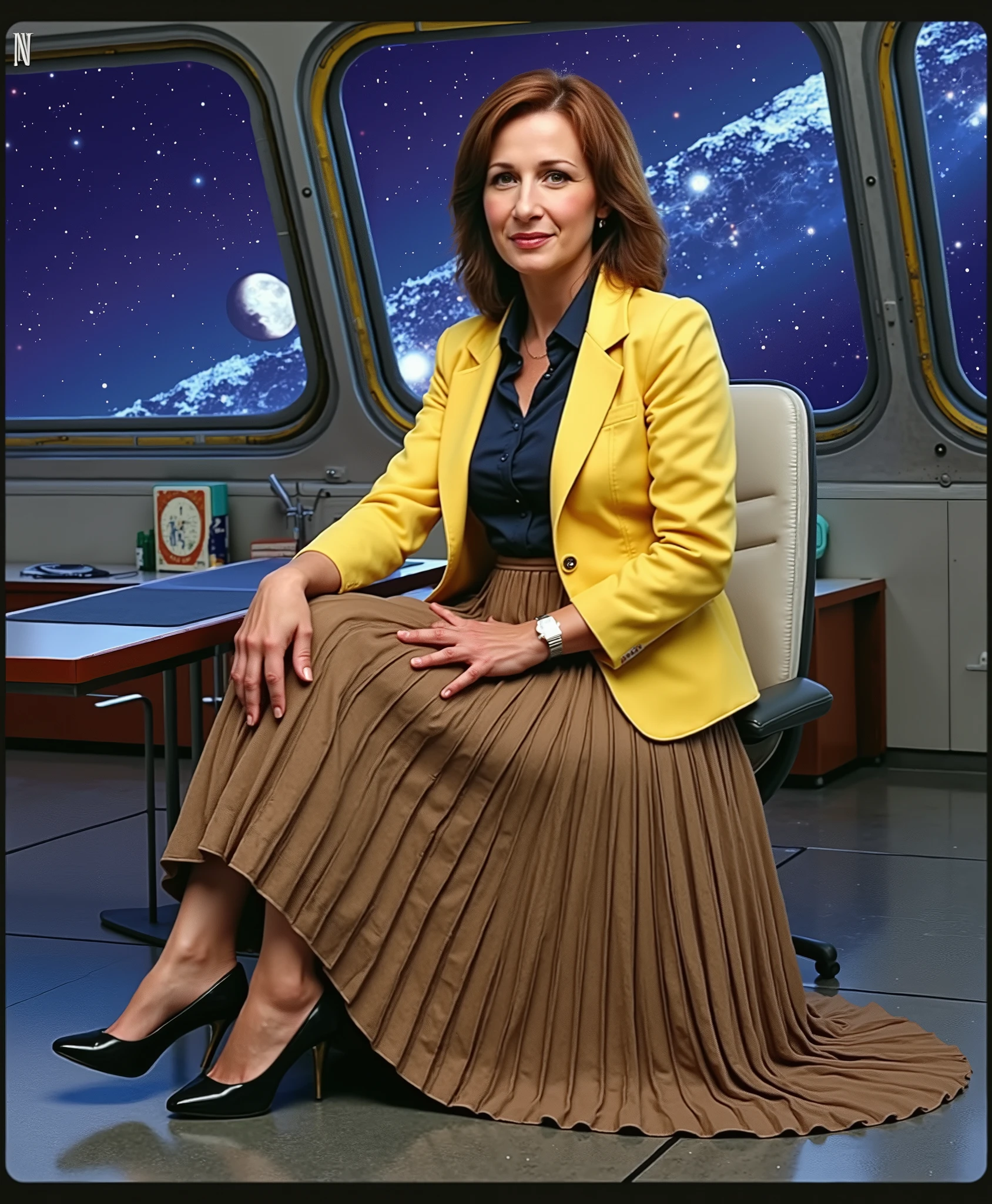  In an interstellar office adorned with vintage charm, a demure, mature therapist, dressed in a crisp uniform jacket and a blouse, reveals her alluring feminine grace. Her long, pleated skirt sweeps dramatically across the metallic floor, each fold a testament to the high-quality 35mm film, capturing the essence of Portra400 or Vision3 200T/500T. The soft focus lens embraces her, blurring the cosmic backdrop of star-studded windows that frame her nurturing embrace. She sits on the edge of her desk, her modest low-heel shoes hinting at a flirtatious posture. Her gentle smile is enhanced by the warm golden light that kisses her flushed skin and glistening sweat, while her glasses reflect the moonlit dance of distant galaxies. The soft, seductive arch of her legs invites closeness, and her blushing cheeks and parted lips whisper promises of a passionate embrace. The spacecraft's interior, a blend of retro-futuristic elegance and modern ergonomics, is bathed in a sensual ambience that resonates with the therapist's longing gaze. The composition is a masterful blend of intimate framing and the vastness of the cosmos, highlighting the stark contrast between her tender touch and the cold steel of the spaceship. The lighting, a symphony of artificial warmth and ethereal moonbeams, casts long, dramatic shadows that play upon her form, emphasizing the contours of her body and the sharp creases in her skirt. Her eyes, filled with a mix of empathy and desire, beckon you into the heart of the frame, inviting you to explore the depths of her soul in this erotically charged, celestial sanctuary.Milfie-v3