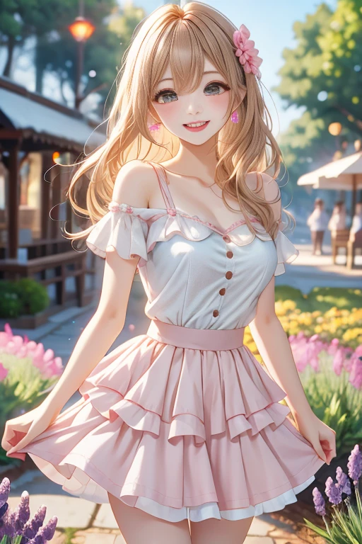(masterpiece, best quality:1.4), Young blonde beauty, (((18 years old, neat girl))), detailed blue eyes, long eyelashes, blush, kind smile, horny, upper body, wet short top, small ass, round ass, short pink open skirt, (looking at viewer), beautiful blonde hair, white-skinned, (bangs:1.3), squeezing, (medium size breasts), (mushroom forest, colorful celestial forest, beautiful and magnificent pink sunshine, majestic sky), natural light, pastel colors
