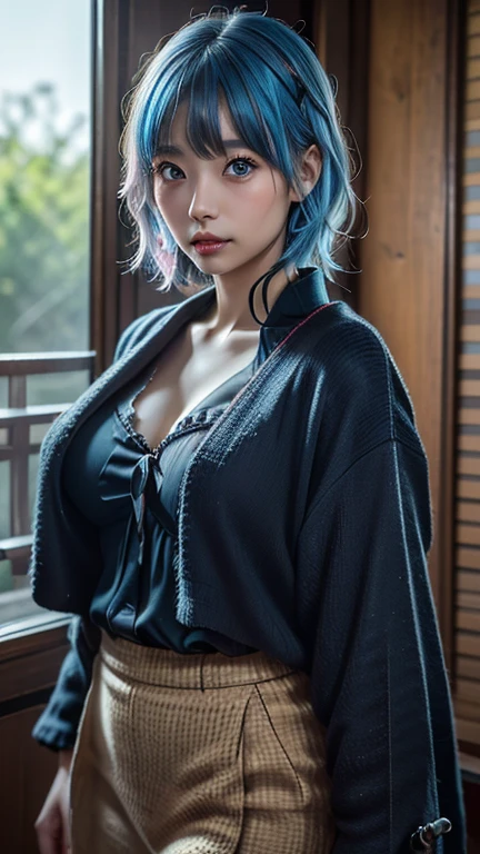 8K, Top Quality, Intricate Details, Ultra Detail, Ultra High Resolution, Masterpiece, close up shot, (full body: 1.1), Slender, Smile, (Makeup: 0.4), ,(( blue hair, bangs, short hair, blue eyes, long hair)), (Fluffy Eyes: 1.21), (()), 1girl, solo, 1 girl, (()), close up shot, , ((tall)), (((fit body))), (((slim face))), sharp face, (( ( kimono, skin tight kimono, kimono)),, cleavege, crotch)) ,(detailed face), sharp face, small lips, , ,(( )) ,, ,
((,no bra, braless )), , (( )), detailed face, detailed breast, large breast ,huge breast, detail nipples ,, Narrow Waist, Skinny, tall , 190 cm tall, Muscular, Navel, Exposed Abdomen, Pointed Chest,, Beautiful girl with accentuated slender abs: 1.4, Six Pack Abs: 1.4, , Perfect Body, detail legs, (( dark background)), black background,