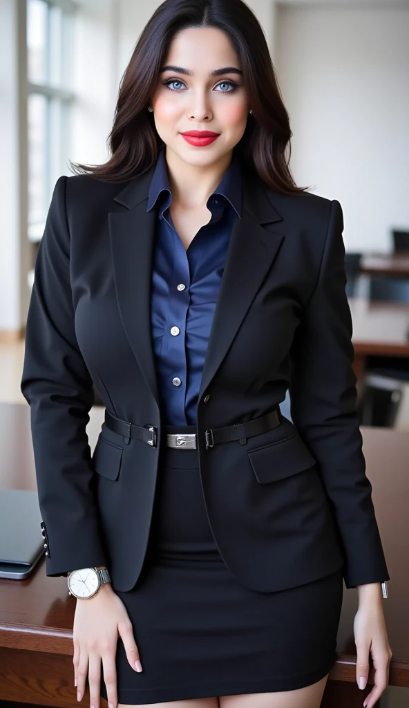 Classy upper-class elite secretary in business shirt, working in an office、Wearing a strict business suit, Wearing pantyhose、Wear high-end high heels、 Girl in a shirt, Wearing a business suit, Wearing a business suit, in a business suit, businesswoman, business clothes, wearing black business suit, Wear shirts and skirts, Woman in business suit, Business attire, business outfit, Raw photo, (8K、top-quality、masterpiece:1.2)、(intricate detailes:1.4)、(Photorealsitic:1.4)、octane renderings、Complex 3D rendering ultra detail, Studio Soft Light, Rim Lights, vibrant detail, super detailing, realistic skin textures, Detail Face, Beautiful detail eyes, Very detailed CG Unity 16k wallpaper, make - up, (detailedbackground:1.2), Exposed thighs!!!,