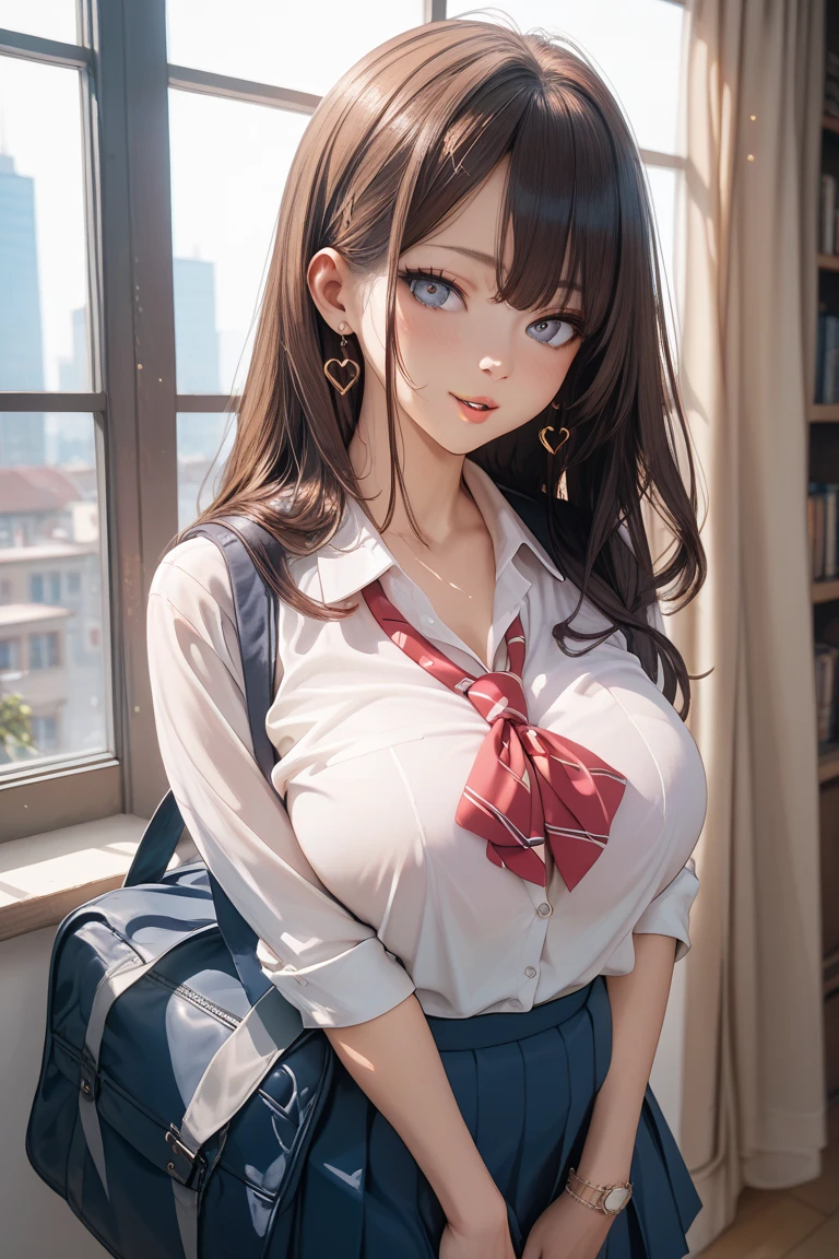 hyper realistic , masterpiece , 24 year old curvy girl , Extremely cute, Amazing face and eyes, (Beautiful lovely smile), (extremely detailed beautiful face), bright and shiny lips, (School uniform, Pleated skirt:1.3) , Anglo-Saxon , pro gamer , influencer , frendly smile , tall figure , standing at fancy hotel lobby, ((full body shot)) , wide shot , perfect face ,ponytail hair ,wearing blue thin cardigan over white thight blouse , sweaty skin , Her bra is visible through her blouse , peeping her lace bra , deep cleavage pressed together , gold sophisticated necklace , (Wearing pleated checked brown miniskirt) , huge ass emphasis , thick thighs emphasis , ((wearing knitted indigo thigh high socks)) , ( well-covered legs) , (well-covered calves) , leather shoes