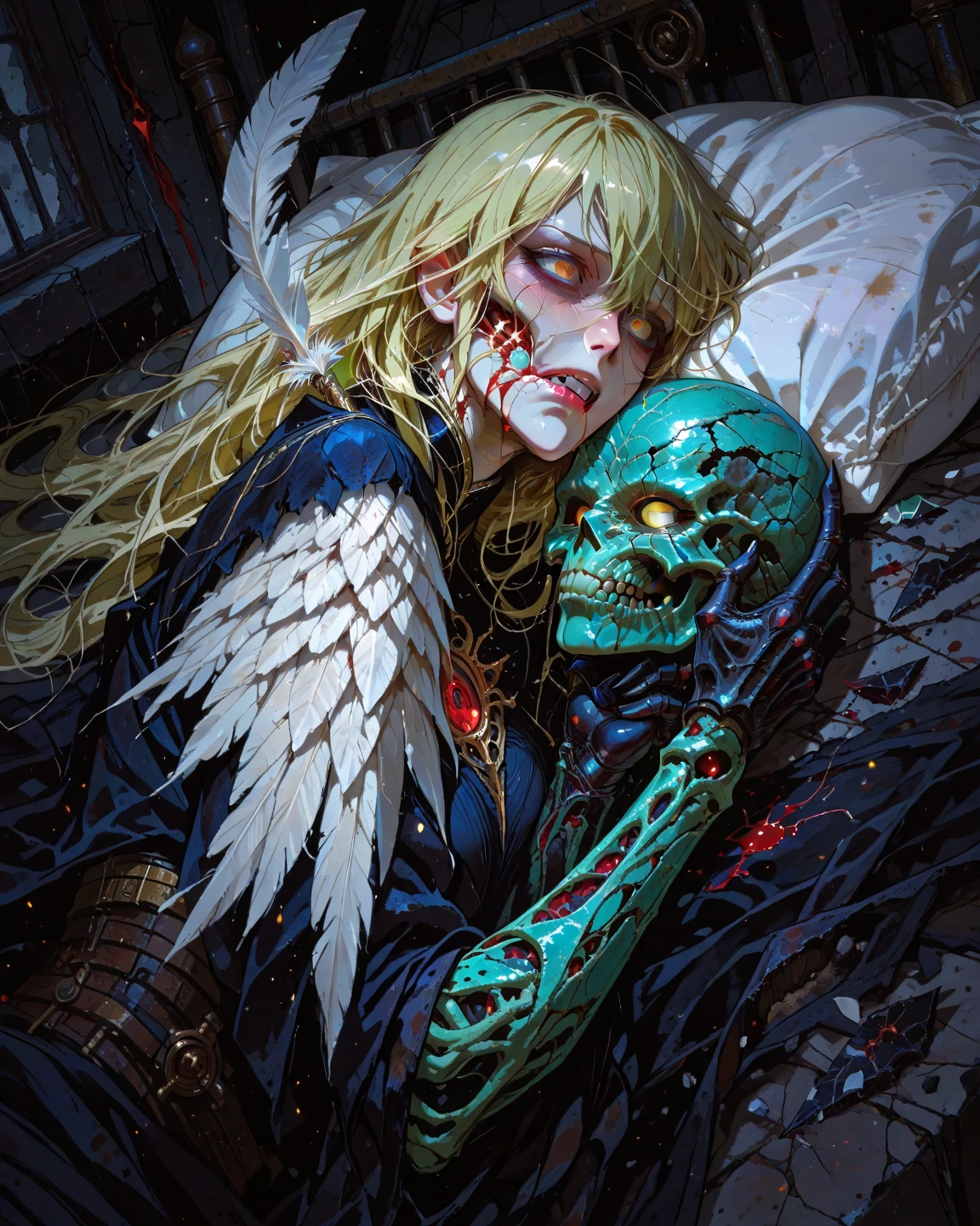 there is a drawing of a man and a woman hugging, creepy!!, fan art, Fanart ", creepy!!!, sad!, creepy, fanart, vampire, dramatic illustration, vampires, in the art style of bowater, bloody scene, as a vampire, he holds her while she sleeps, rotoscoped, nosferatu princess, colored sketch, corpse bride art style