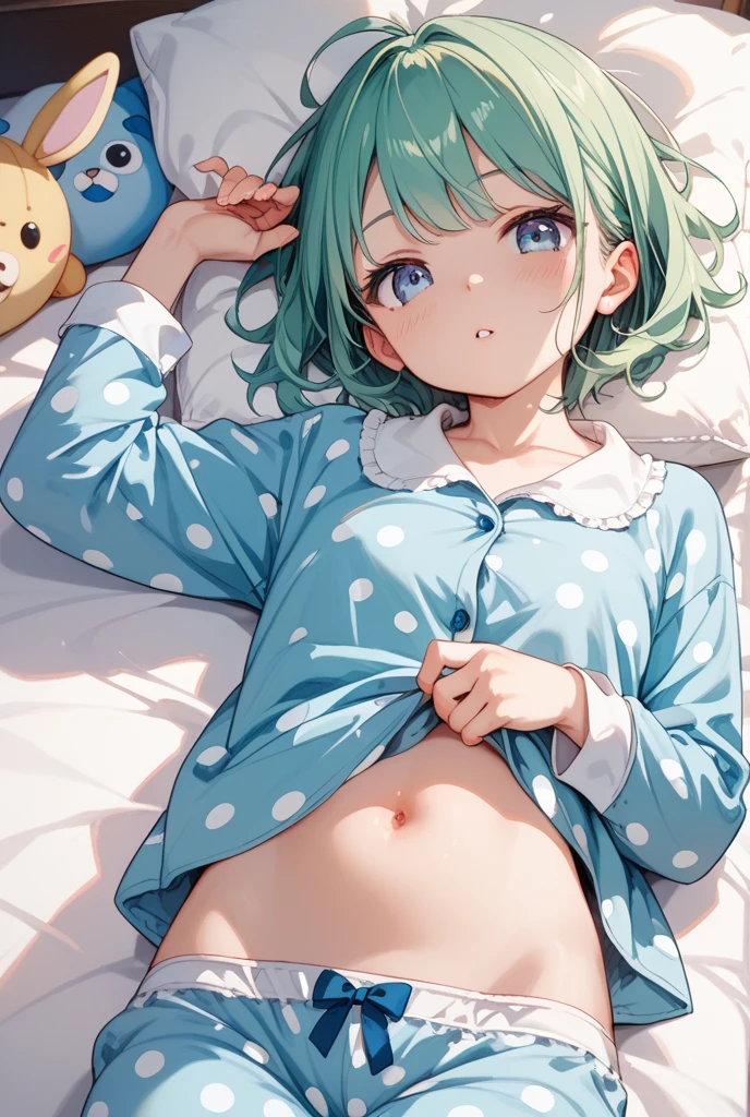 Fujio Akatsuka style, Kawaii Design, The most beautiful girl of all time、Chibi, best smile, Taking a nap、Boobs and belly button, hospital bed