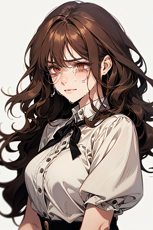 1 woman, portrait, single, lips, female focus, jewel-colored eyes, gazing at the viewer, long hair, golden brown hair, closed mouth, stern gaze, forehead visible, perfect smile.
