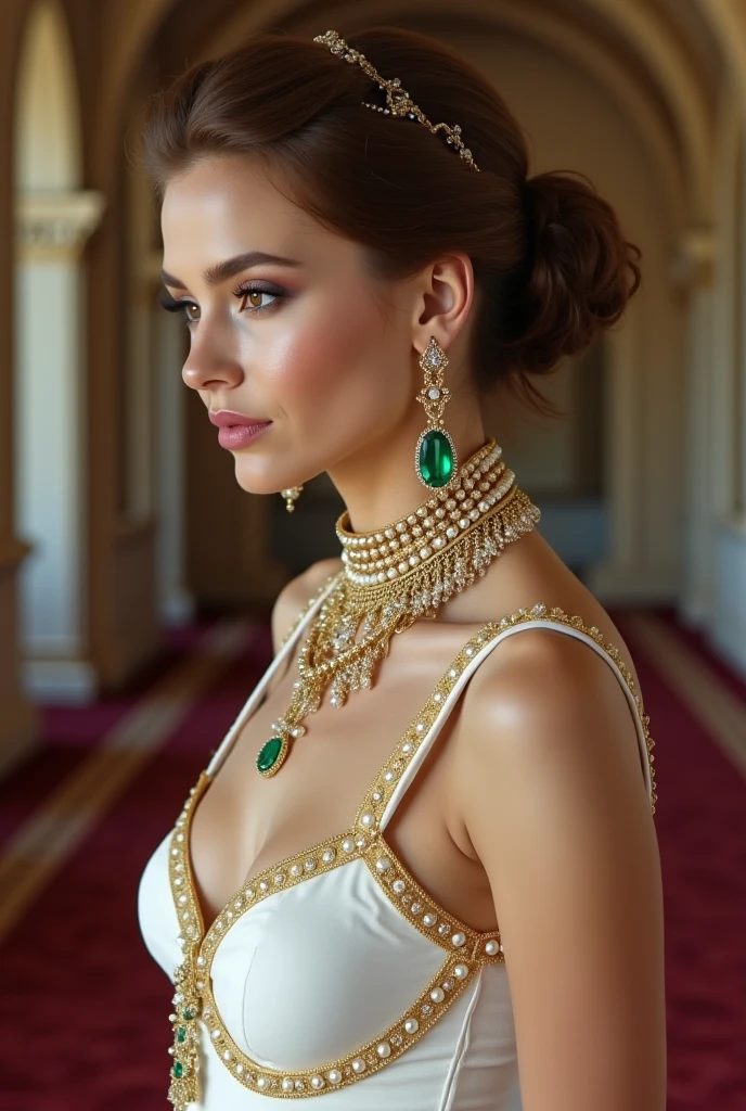 Realistic portrait of Adriana Lima, a talented 42-year-old modelo, born under the sign of Gemini, sensitive and delicate, white a graceful height of 1.78 meters and a weight of 58 kilograms. She enchants everyone with her unique beauty, her fair skin and blue eyes accentuate her delicate features, which are enhanced by her long and silky blonde hair. 86 bust, 61 waist, 89 hips.She is wearing a truly magnificent and dazzling gala dress. The dress is made of pure silk with satin details, featuring a blend of ruby red and sapphire blue. The plunging neckline is adorned with a stunning majestic necklace, studded with diamonds, rubies, emeralds, and sapphires, shining like stars in the night sky. The necklace elegantly wraps around her neck, adding a touch of royalty and elegance. Richly decorated with intricate embroidery, lace details, and appliqués in gold or silver, all handcrafted. The long sleeves of the dress are made of delicate lace, providing an ethereal and graceful appearance, reminiscent of butterfly wings. She wears impeccable white gloves, made of fine silk, delicately covering her hands with elegance. On her feet, she wears high-heeled shoes, decorated with gold and silver details, adorned with small diamond stones, adding height and grace to her figure. On her head, she wears a stunning six-pointed crown, studded with rubies, with each point holding a pearl. In the background, a medieval castle with its majestic towers and imposing walls, surrounded by a lush landscape. An enchanting fairytale environment with beautiful gardens and water fountains reflecting the sunlight. The ancient stone walls provide a fascinating contrast with the vibrant and warm colors. The lighting further highlights the dress details, the precious stones of the necklace, and the dazzling crown on her head. Soft and bright light creates a magical effect, enhancing the colors and bringing even more glamour and sophistication. Gracefully, she moves toward the viewer, her eyes fixed