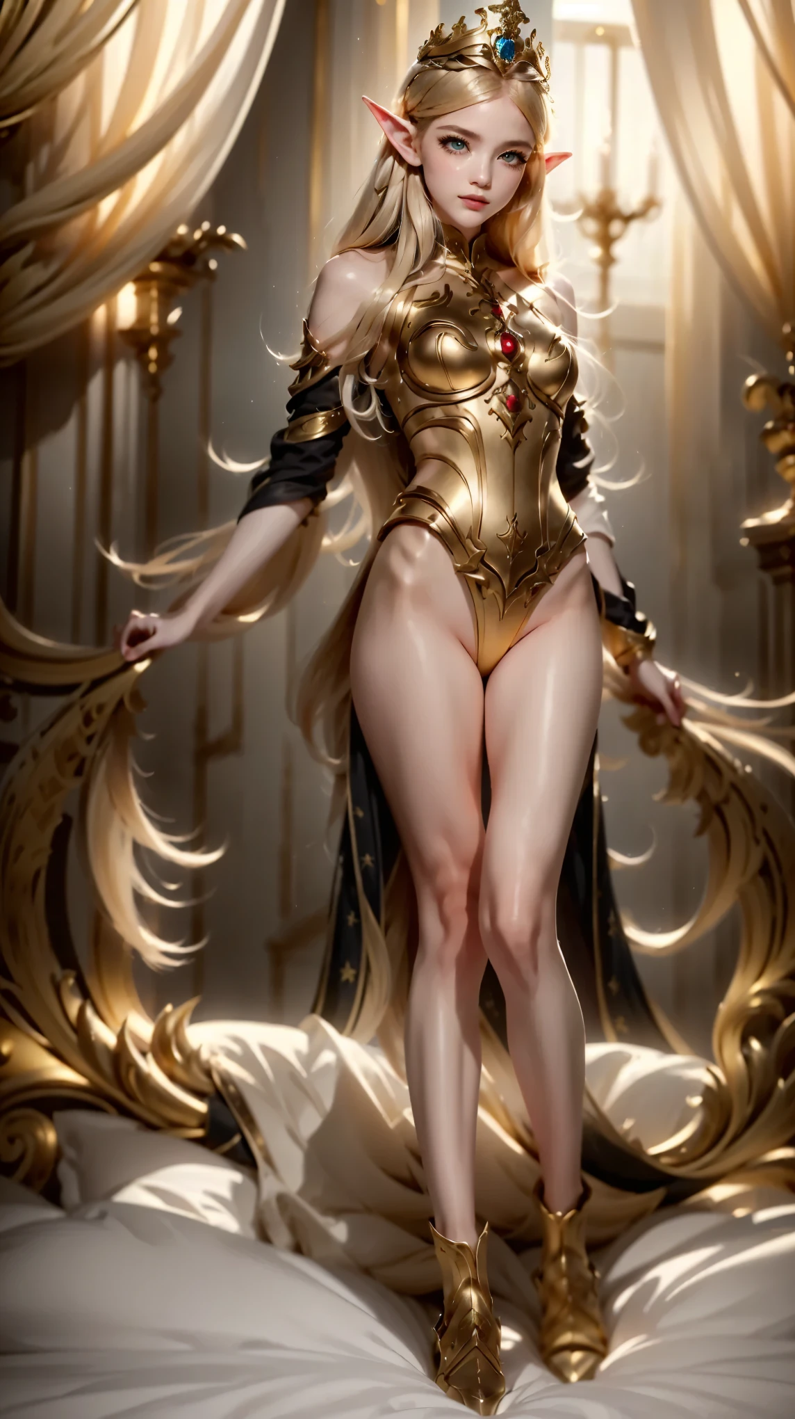 (Best quality, masterpiece, ArtStation, Fantasy Art:1.2),a beautiful cute girl, long clothes, standing in water pool, golden shower background, (long gold hair, tiara:1.1), (intricate gold body paint, black crop top, stockings:1.2) --auto