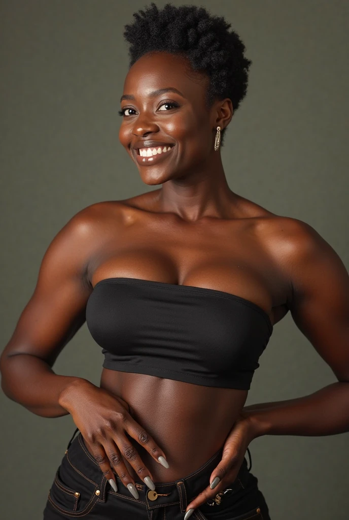 there is a black woman smiling and looking at the camera, mami wata-imane anys-rutina weasley-jerrika hinton-jayme lawson-fantasia barrino-yetide badaki-natari naughton-oprah-shar jackson-jaz sinclair-condola rashad-alfre woodard-viola davis merged, wearing sweatpants and a sensible athletic top, entire body visible, full body, hyperrealistic, best quality, 8K, real human skin, masterpiece, extremely intricate, detailed eyes, detailed face, detailed body, exaggerated features, pronounced features, fujifilm