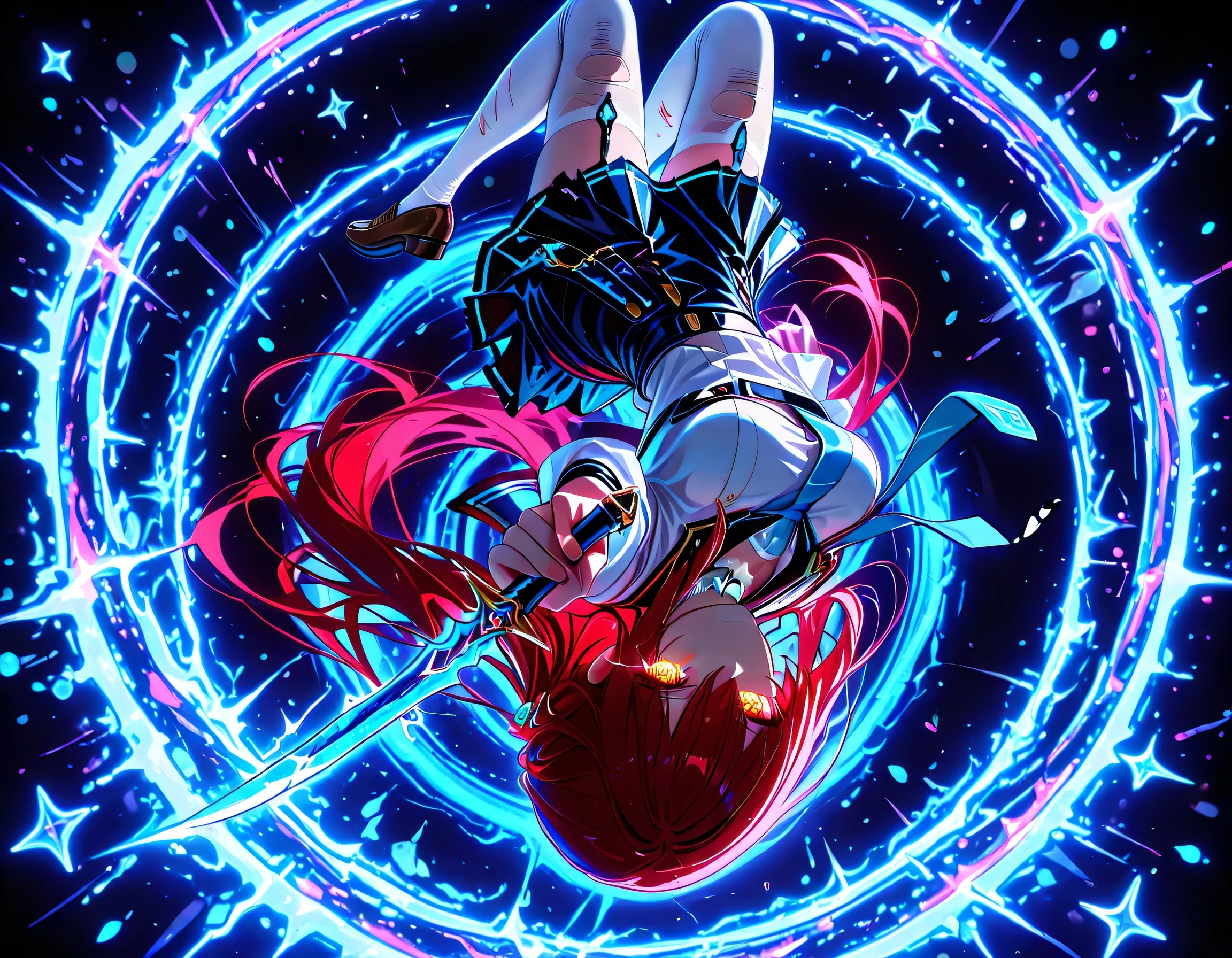 neon art, neon lineart, colorful neon lineart, neon silhouette, silhouette, neon colors, glowing, glow effect, bright outlines, vibrant colors, high contrast, dark background, digital art, extreme perspective、upside-down, backflip、Whole body expression, 1 girl , golden eyes , very long hair , long sidelocks, red hair ,half updo, petite , very cute , beautiful ,Straight hair, cool, handsome, hair between eyes, sexy, medium breasts , white lace choker, school uniform, neon trims, white shirt, marine blue necktie, marine skirt, intricate white thighhighs, brown loafers, torn clothes, scratch, solo, glowing eyes, looking at viewer, dynamic shot, dynamic view, dynamic pose, (holding dagger), crouching, foreshortening, bokeh, glittering, sparkling, blood splash, bloody, blood, blue theme, (((black background)))