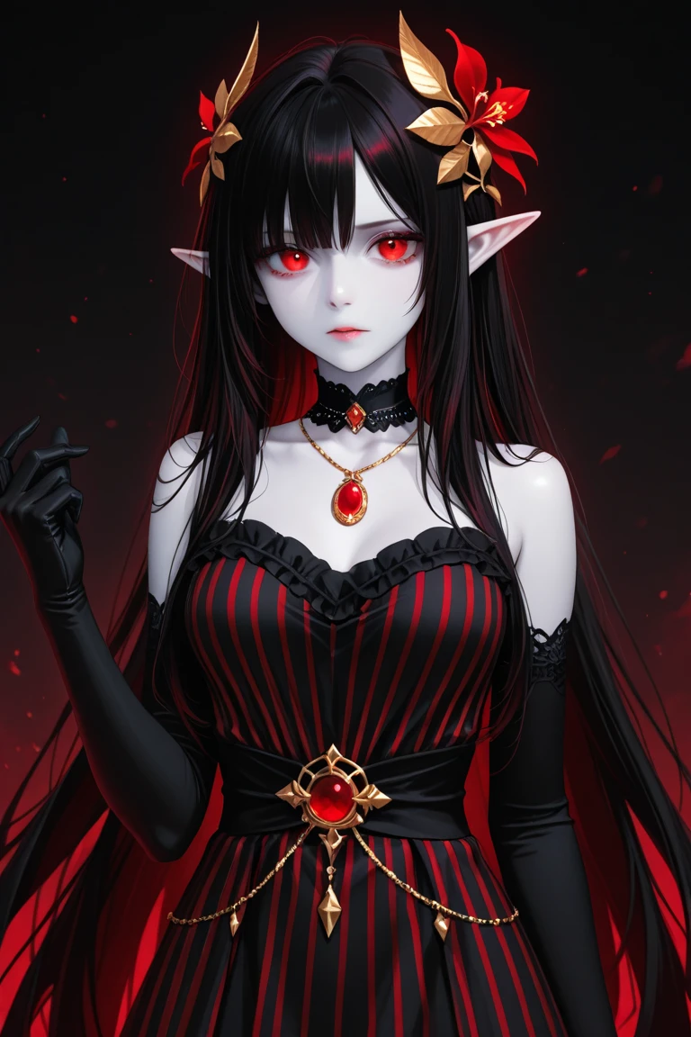 arafed a picture of elf vampire in her castle. an exquisite beautiful, busty, female elf vampire (ultra details, Masterpiece, best quality), full body, ((anatomically correct: 1.5) bloody mouth, (black and blue hair: 1.3), pale skin, hair in a ponytail, long hair, (silver: 1.3) eyes, (small pointed ears: 1.2), cold eyes, smirking, wearing dark pink dress (ultra details, Masterpiece, best quality), red cloak, wearing high heels, in dark fantasy library, book shelves, vibrant, Ultra-high resolution, High Contrast, (masterpiece:1.5), highest quality, Best aesthetics), best details, best quality, highres, ultra wide angle, 16k, [ultra detailed], masterpiece, best quality, (extremely detailed) RAW, dark fantasy art, gothic art, wearing Haute_Couture designer dress, Dark Novel, Dark Art Painting Style, dripping blood, hud_s1n, short black dress, long sleeves, veil, thighhighs, digital painting, RaygunGothicStyleAI
