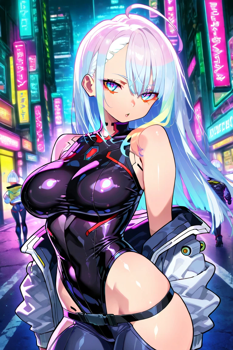 (masterpiece, detailed, high resolution:1.4), cyberpunk, cyberpunk 2077, neon background of cyberpunk night city, on the train behind the bar, metal cybernetic silver hand in the foreground in the frame, green-blue glitch effect around the arm, purple-pink neon glow, Lucy, torso, fluorescent yellow, light green, purple, mint