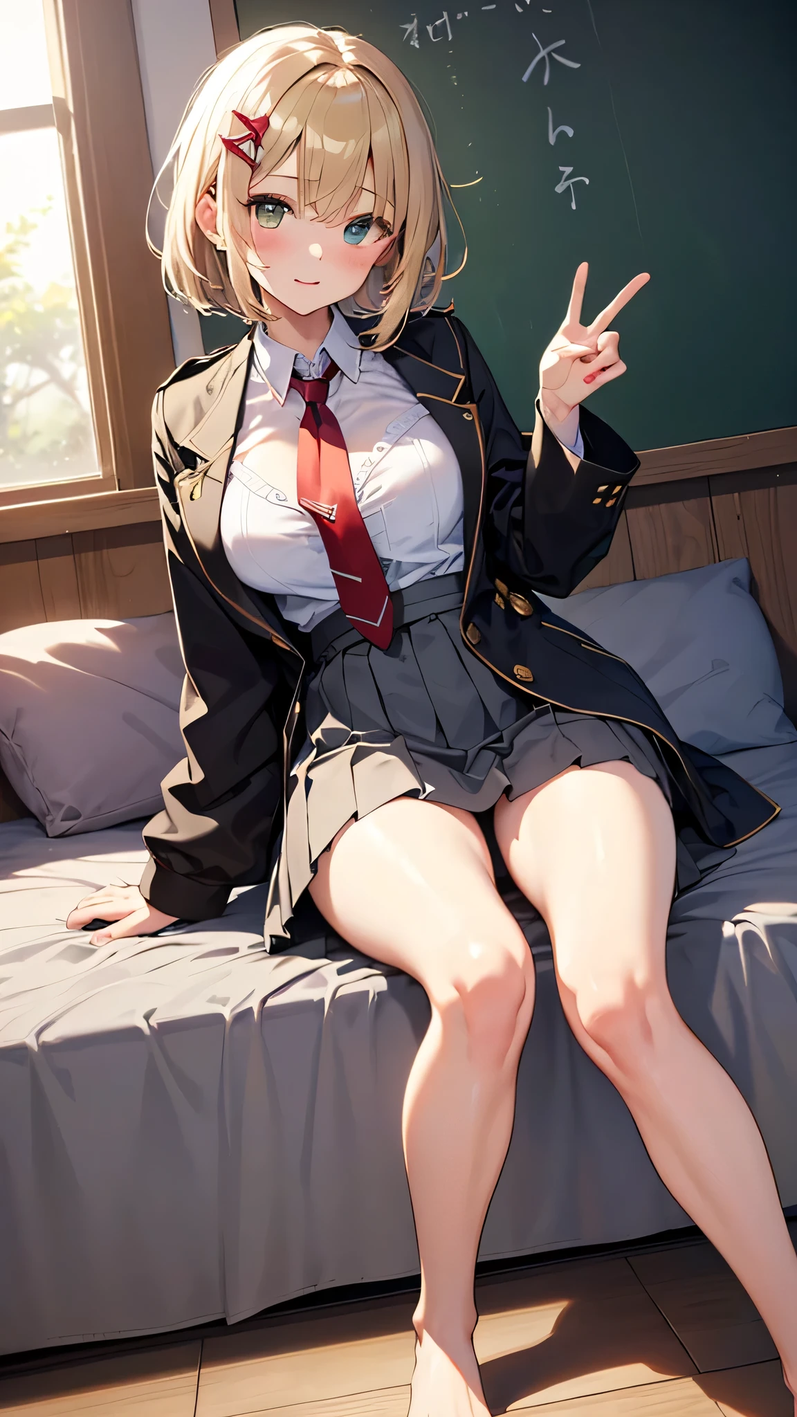 Inside the bedroom,one girl,lying on the bed,short blonde hair,smile,grin,ribbon,blouse,suspenders skirt,race-up-long-boots,(best quality,4k,8k,highres,masterpiece:1.2),ultra-detailed,(realistic,photorealistic,photo-realistic:1.37),HDR,UHD,studio lighting,extreme detail description,professional,vivid colors,portraits
