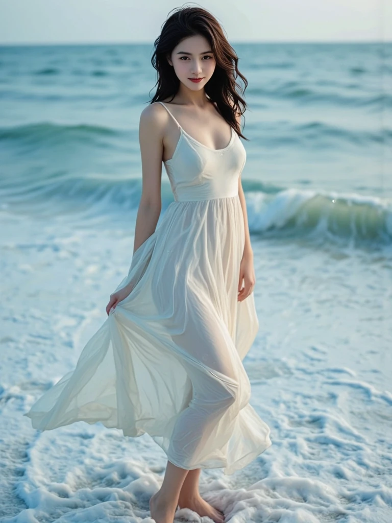 (((best quality))),(((ultra detailed))),(((masterpiece))),illustration, girl, watching sunrise, seaside,, soft light, serene atmosphere, long wavy hair, sparkling green eyes, fair skin, white sundress, seashell pattern, sandals, cliff edge, azure sea, waves crashing, seagulls soaring, camera in hand, joyful expression, warm sunlight, ethereal presence, peaceful setting