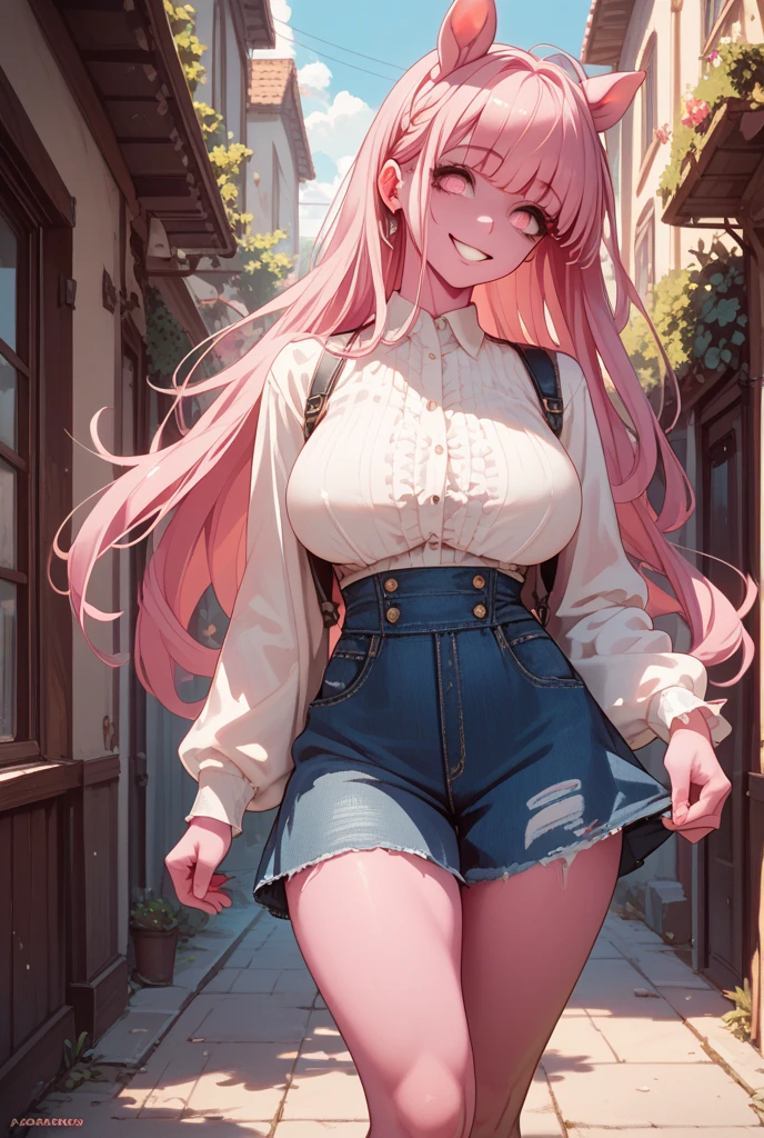 long pink hair girl, pink eyes, White skin,big breasts, thin waist, big hips, denim, granary, crops, stardew valley style