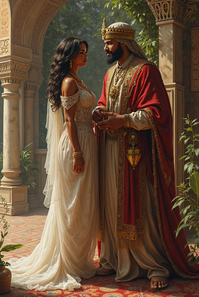 Make an image of a queen representing King Ahasuerus&#39; wife and he holding her hand 