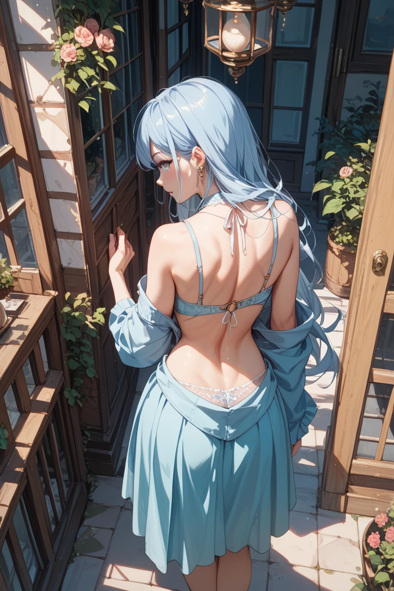 (masterpiece, best quality:1.2), 1girl, adjusting_dress, arm_behind_back, back, backless_dress, backless_outfit, bare_shoulders, blue_dress, blue_hair, blue_halo, bracelet, dress, from_behind, hairband, halo, jewelry, sweat, white_background