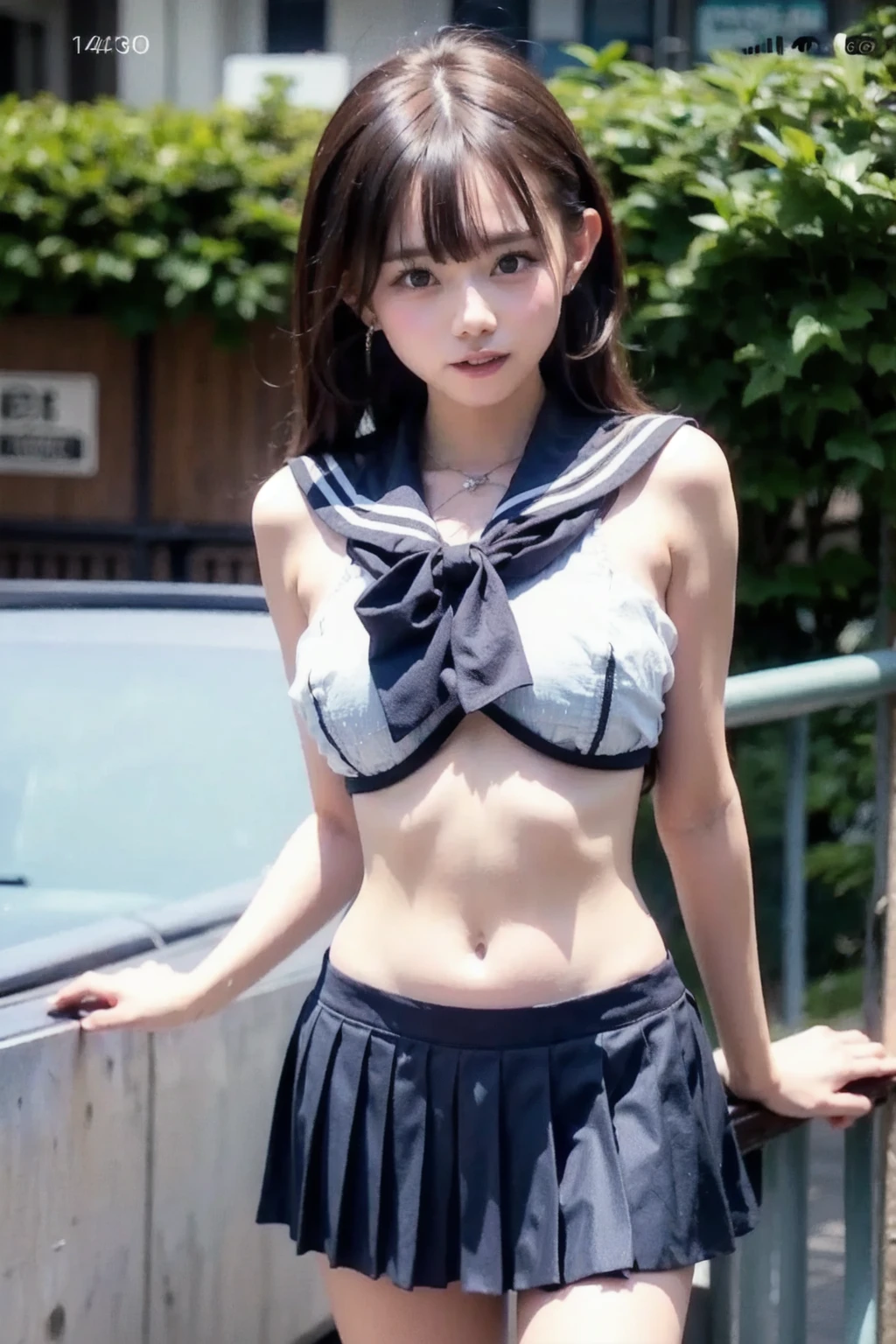 ((highest quality、(NSFW、((camel toe))、highest quality、masterpiece、ultra high resolution、8K、highest quality、Drawn details)、(I photographed the whole body)、(tilt one side'head of)、17-year-old high school girl、very beautiful shape、Navy blue blazer uniform、upper body full nude、Showing off super realistic beautiful breasts、Pure white panties、ribbon tie、Beautiful girl with black hair、Straight long hair with black hair、strong wind blowing、fluttering hair、Show ears、、Scenery behind the school building、Wind behind the school gymnasium、