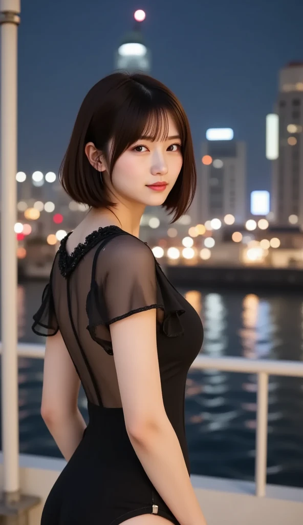 8k, Ultra-high resolution, Highest quality, masterpiece, 三分割法によるphotograph,Surreal, photograph, 1 , (:1.3), cute, cute顔, 細部までBeautiful Eyes, 細かくdetailedに,masterpiece,One Girl:1.2,Japanese women,Young Wife,cowboy shot,smile,Black hair,Bob with bangs,(black lace wedding dress:1.3),Pencil Skirt,bride,standing on a bridge,Buildings background,Woman Turning Around,sunset,(Beautiful attention to detail),Subtle details, detailedな顔, smile,attractive,(のポートレートphotograph:1.4),(Photorealistic images:1.4),Fantasy art,(Beautiful Face:1.4),美しくattractive目、Beautiful Eyes、(Tight waist:1.4)、(Beautiful with perfect body proportions:1.4),Pink Lips,Looking at the audience,(((Ideal body type))),A-cup small breasts :2,、Portraiture:2、Perfect Anatomy、鮮明なdetailed、detailed,Fashion magazine cover,Thin lips,完璧でBeautiful Face ,完璧でcute顔, Skin with attention to detail, Perfect limbs、Narrow waist,Surreal,Light and shadow,setting sun