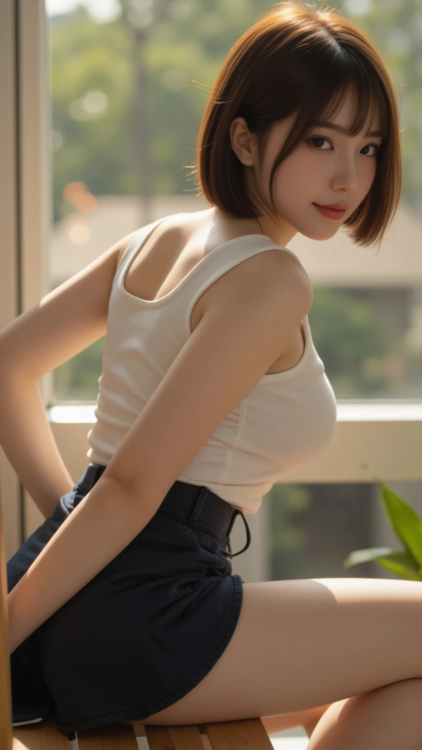 шедевр, Top image quality, A high resolution, 独奏, small tits, 40yo, (wrinkles:0.08), 1 persons, cafes, sits on a chair, Stylish coordination, Bob Hair,