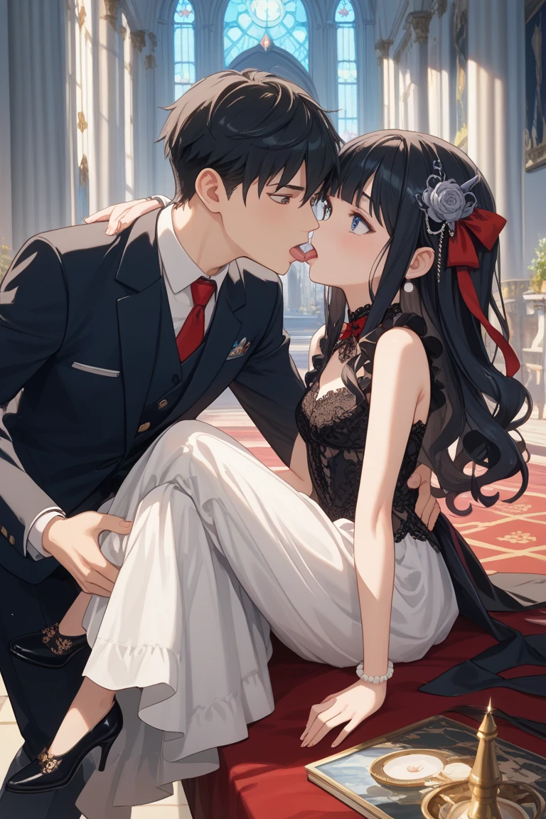 anime artwork, score_9, score_8_up, score_7_up, score_6_up, score_5_up, score_4_up, hu tao, she is 24 years old, style_3, sitting,,,,,,,He's taller than her,,, , 1boy, zhongli, breast grab, they are kissing, indoors, floox style,
