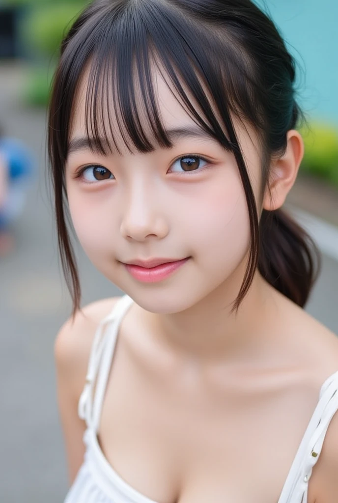 masterpiece, highest quality, 8k, (Upper Body:1.25), 10 years old, (Baby Face:1.5), (Round face:1.5), One Japanese woman, beautiful girl, Pretty face, (View your audience:1.4), (To the camera:1.4), smile, Ultra-realistic, High resolution, photograph, Sharp focus, High resolution, Face Light, Dynamic Lighting, Cinema Lighting, Professional Shadow, Best details, Very detailed, Very detailed, finely, Real Skin, Delicate facial features, Detailed face and eyes, high school girl, Beige underwear