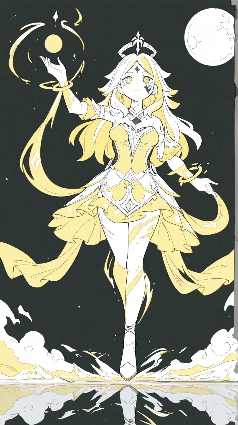 (best quality, masterpiece), 1 girl, yellow diamonds mineral, beautiful full body concept art, simple dark background, looking at viewer, gold long hair, mineral, (straight long legs:1.4), a skirt that covers the thighs, sleek glass thickness, transparent, cinematic lighting, rendering, 4K, --niji 5