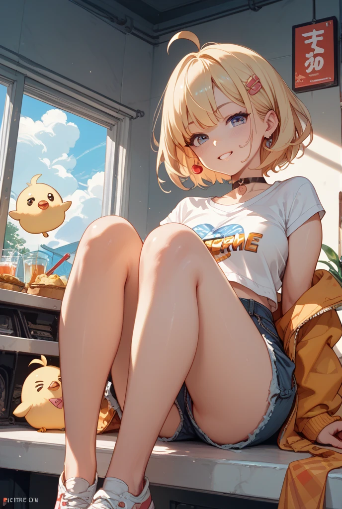 thick thighs, :3, <lora:mem-cho-10:0.8>, mem-cho, short hair, horns, shirt, long sleeves, off shoulder, bare shoulders, sweater, jewelry, blue sweater, demon horns, earrings, blunt bangs, fang, pink eyes, half-closed eyes, (garden, outdoors, thighs, skirt, )
,
masterpiece,(best quality),extremely detailed,illustration, solo, vivid color, beautiful, small details, ultra detailed, intricate, beautiful lighting
crossed legs, leg_focus, foot focus, sitting on chair, chair, sitting, looking down, looking at viewer, seductive smile, long legs, femdom, long_legs, 1girl, cowboy shot, (from below), milf, adult, close up,
