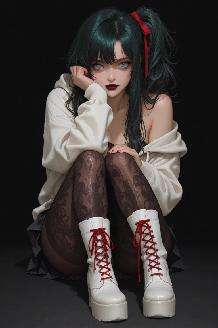 Android 21 from dragonball, black hair, long hair, curly hair, red eyes, hoop earrings, goth girl, bored eyes, black lipstick, black eyeshadows, black shirt, black skirt, fishnets on legs, black sneakers,