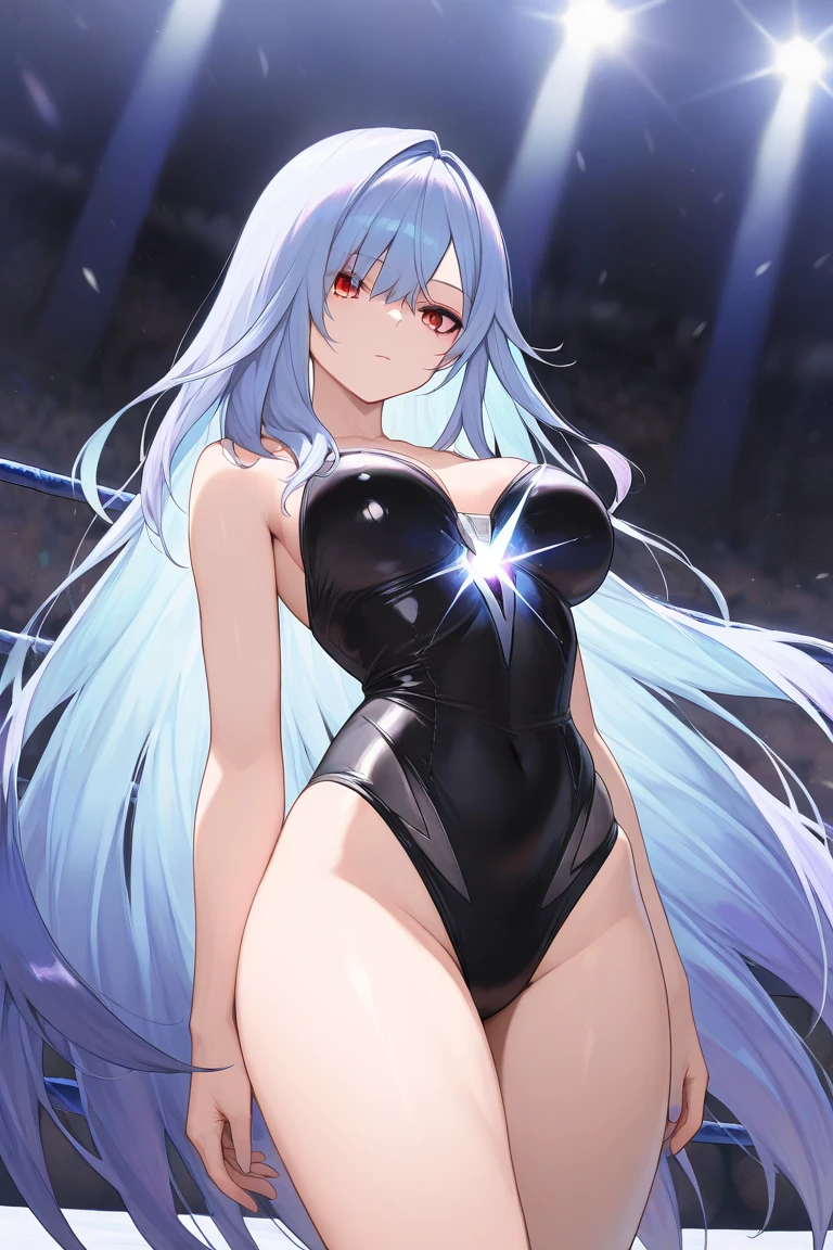 White hair,Hinata Hinata,School Swimsuit Outfit,Bigboobs,Black stockings,are standing,Skysky,Light particles